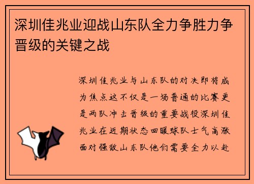深圳佳兆业迎战山东队全力争胜力争晋级的关键之战